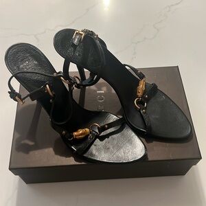 Gucci Brown Strappy Suede Heeled Sandals Bamboo